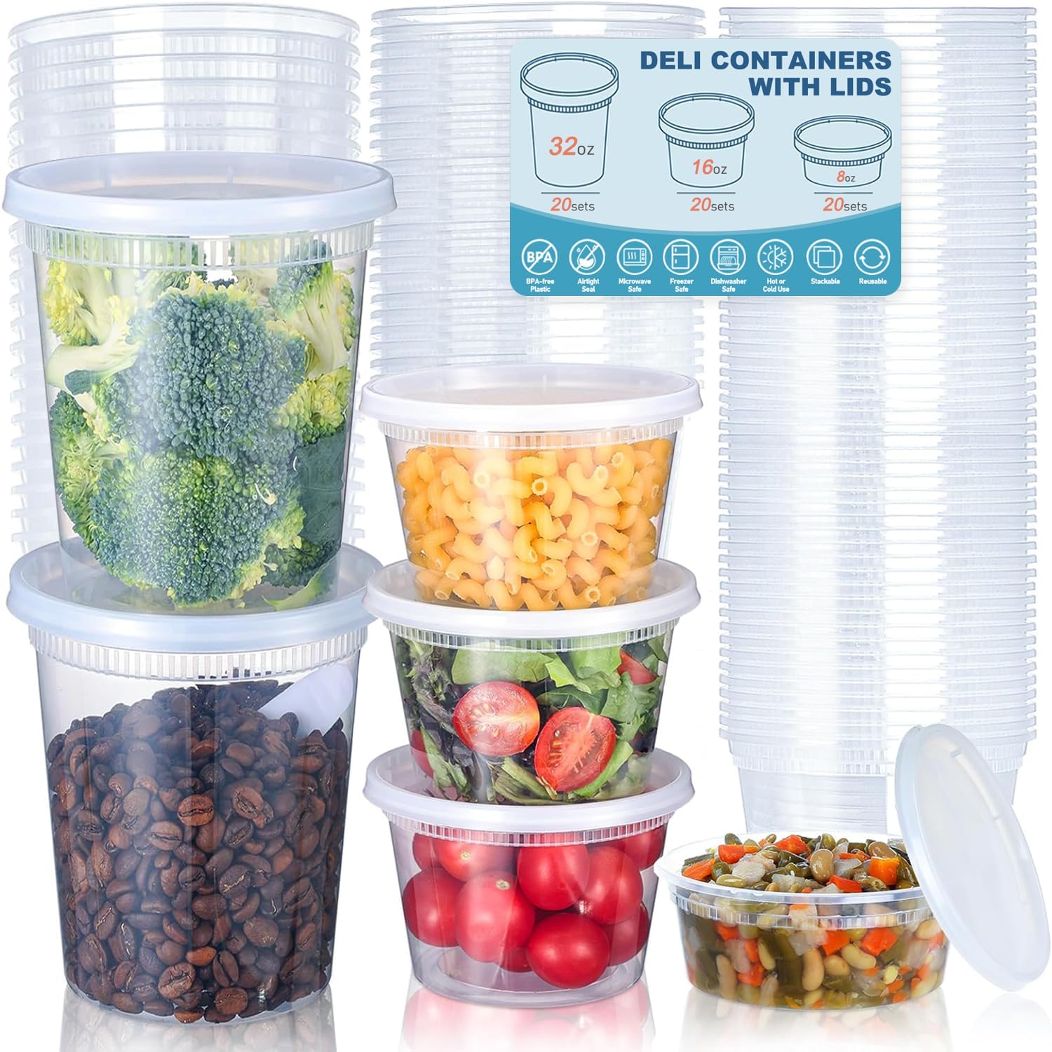 Food Storage Freezer - 24 Stück Deli-Lebensmittel-Aufbewahrungsbehälter mit Deckel, Kunststoff-Lebensmittel-Aufbewahrungsbehälter