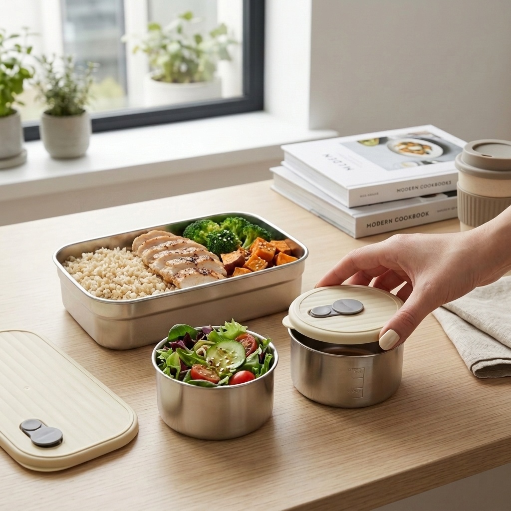 Storage Food Prep - Mikrowellengeeignetes 304 Edelstahl-Bento-Box-Set mit 3 Fächern,
