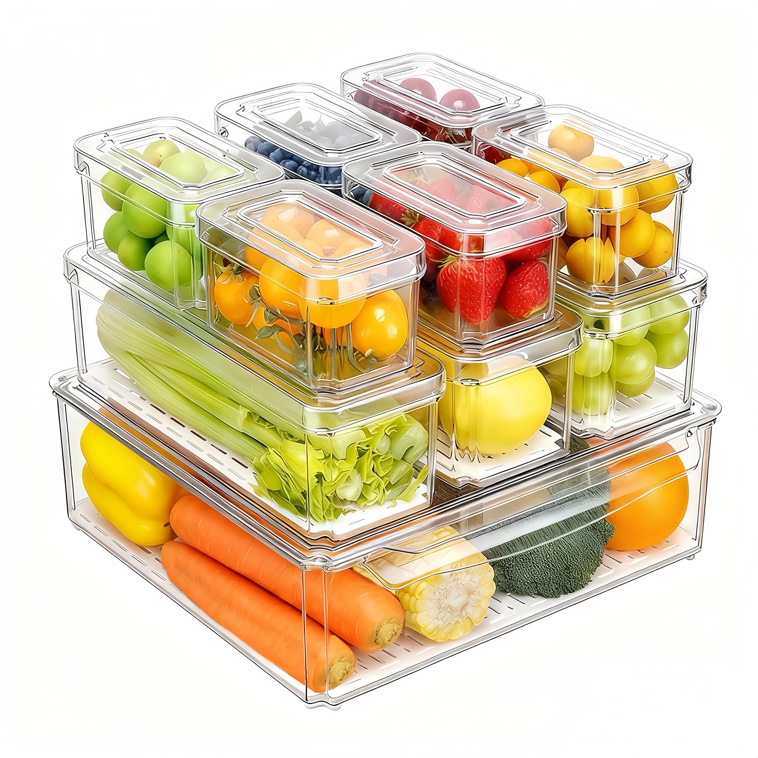 Food Storage Eco Friendly - 14er-Pack Kühlschrank-Organizer, stapelbare Kühlschrank-Aufbewahrungsbehälter mit Deckeln,