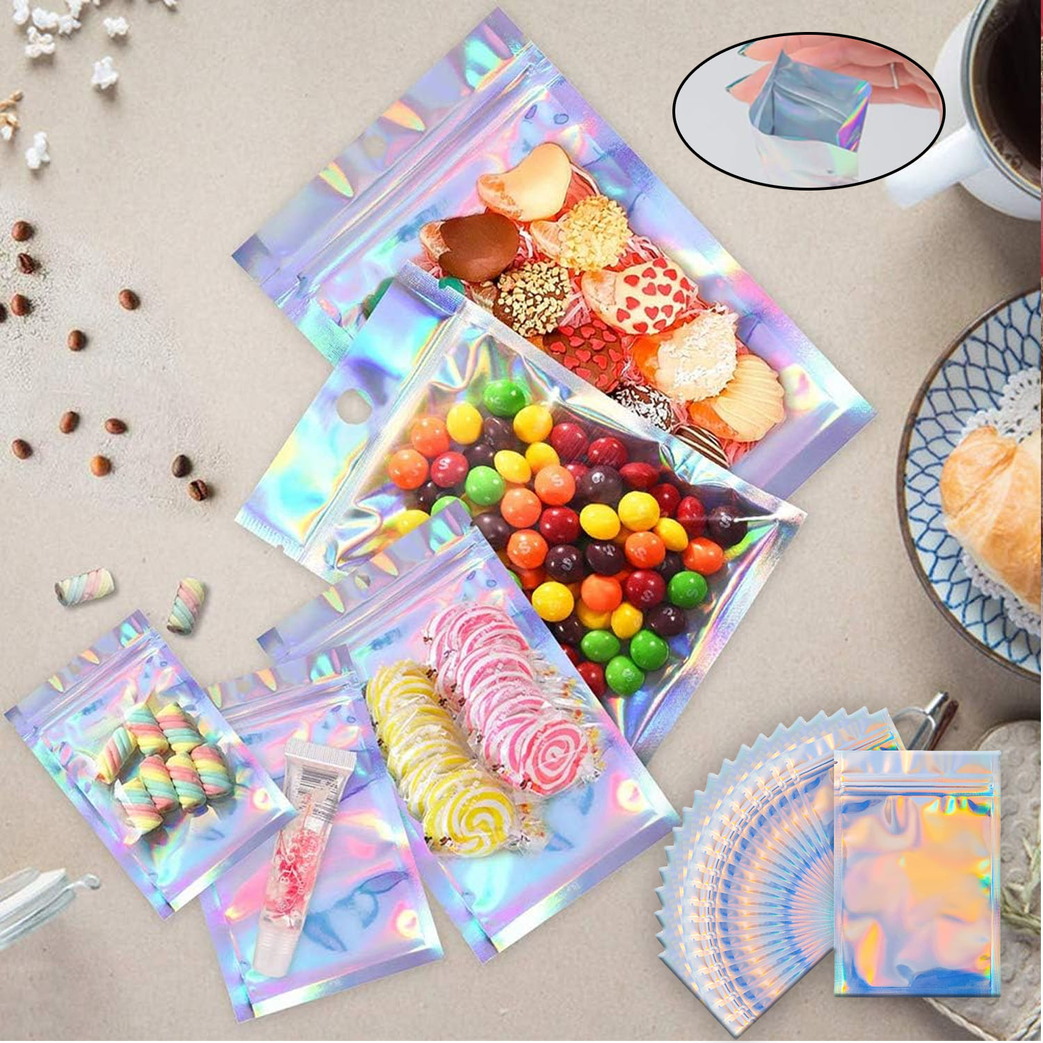 Food Storage In Mylar Bags - Wiederverschließbare holografische Regenbogen-Mylar-Beutel, geruchsdichte Druckverschlussbeutel für